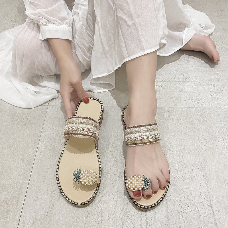 Tongs Plates Chic avec Motif Ananas et Perles