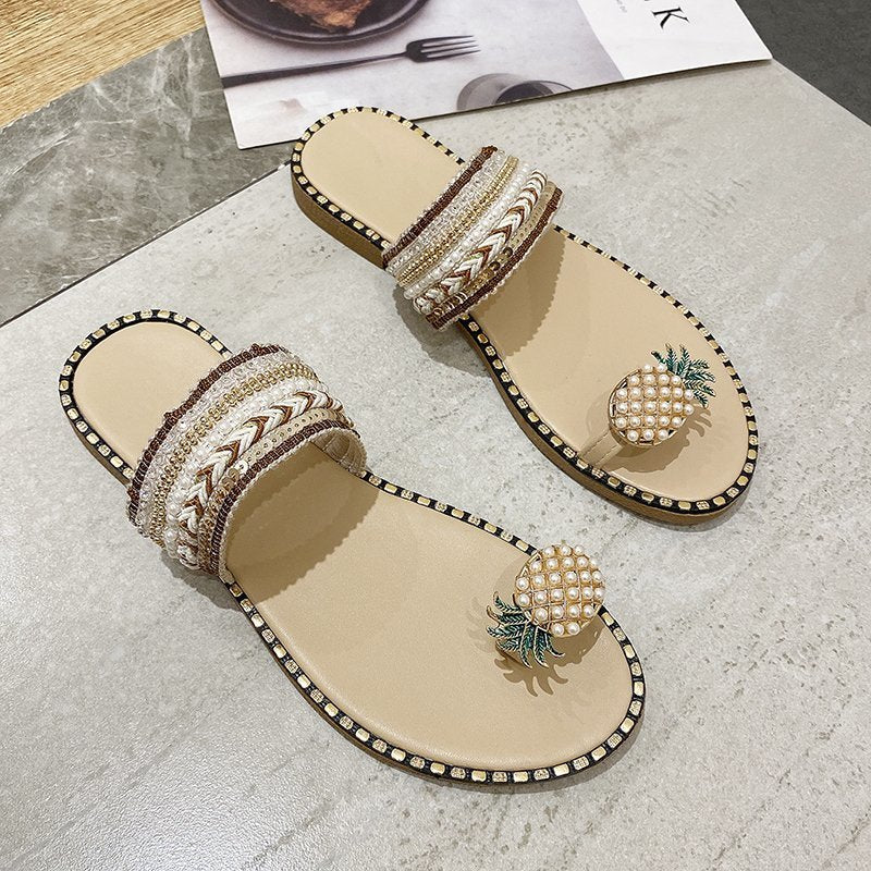 Tongs Plates Chic avec Motif Ananas et Perles