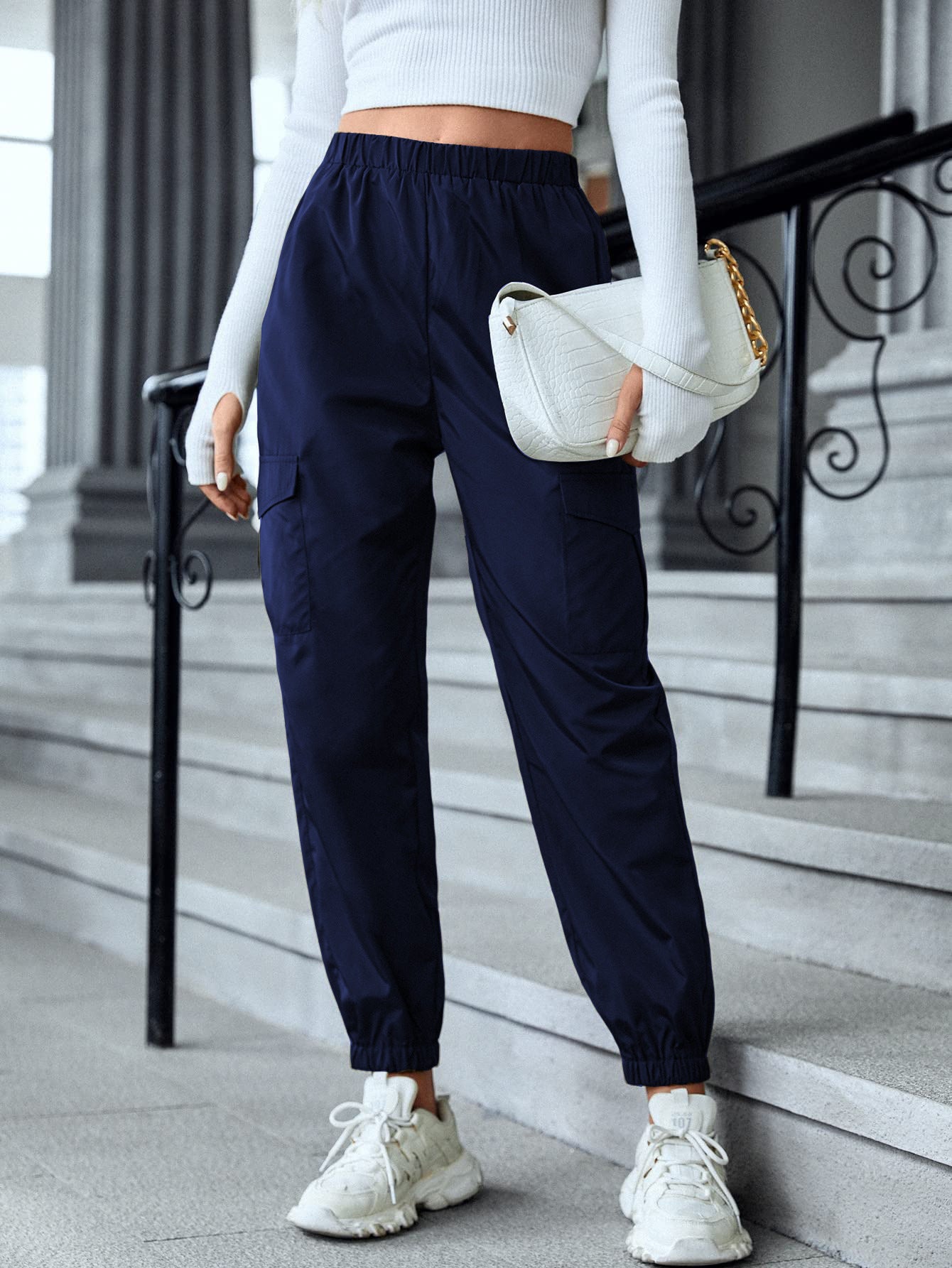 Pantalon Cargo Décontracté à Taille Élastique