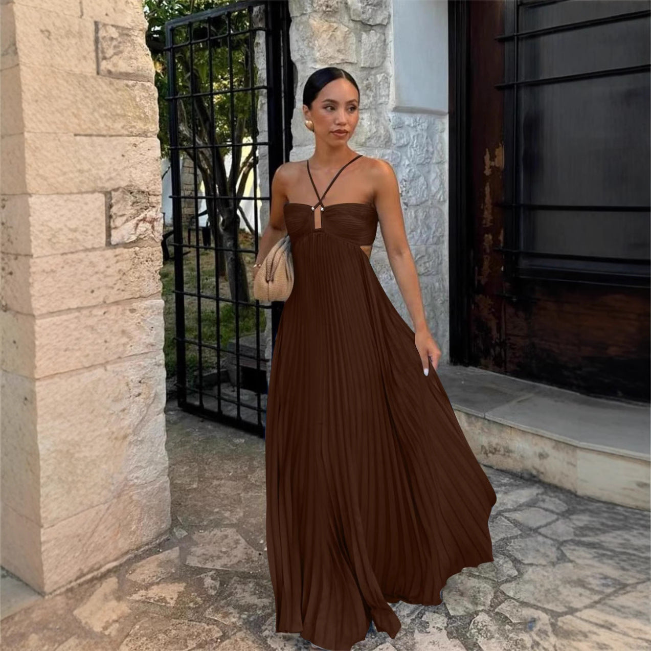 Robe Longue Plissée à Bretelles Croisées