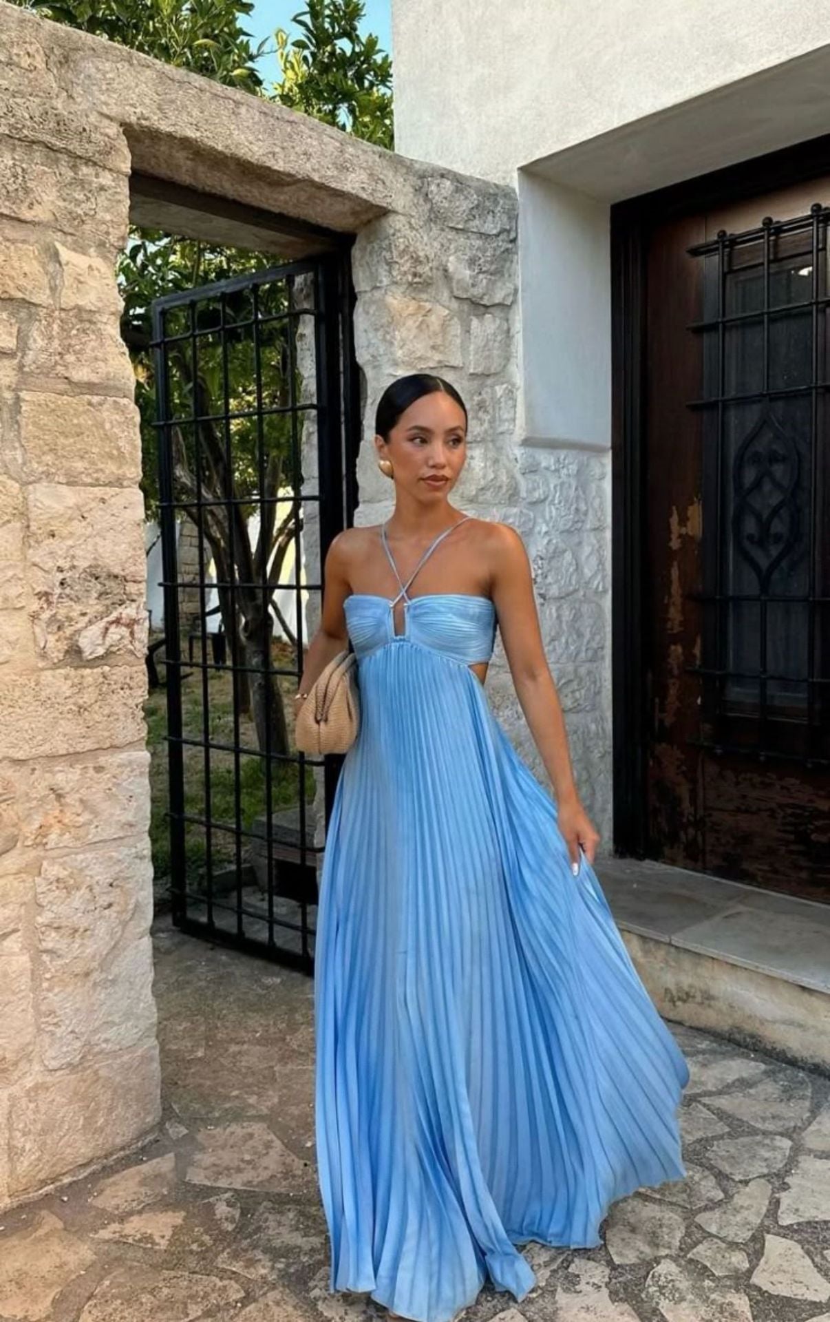 Robe Longue Plissée à Bretelles Croisées