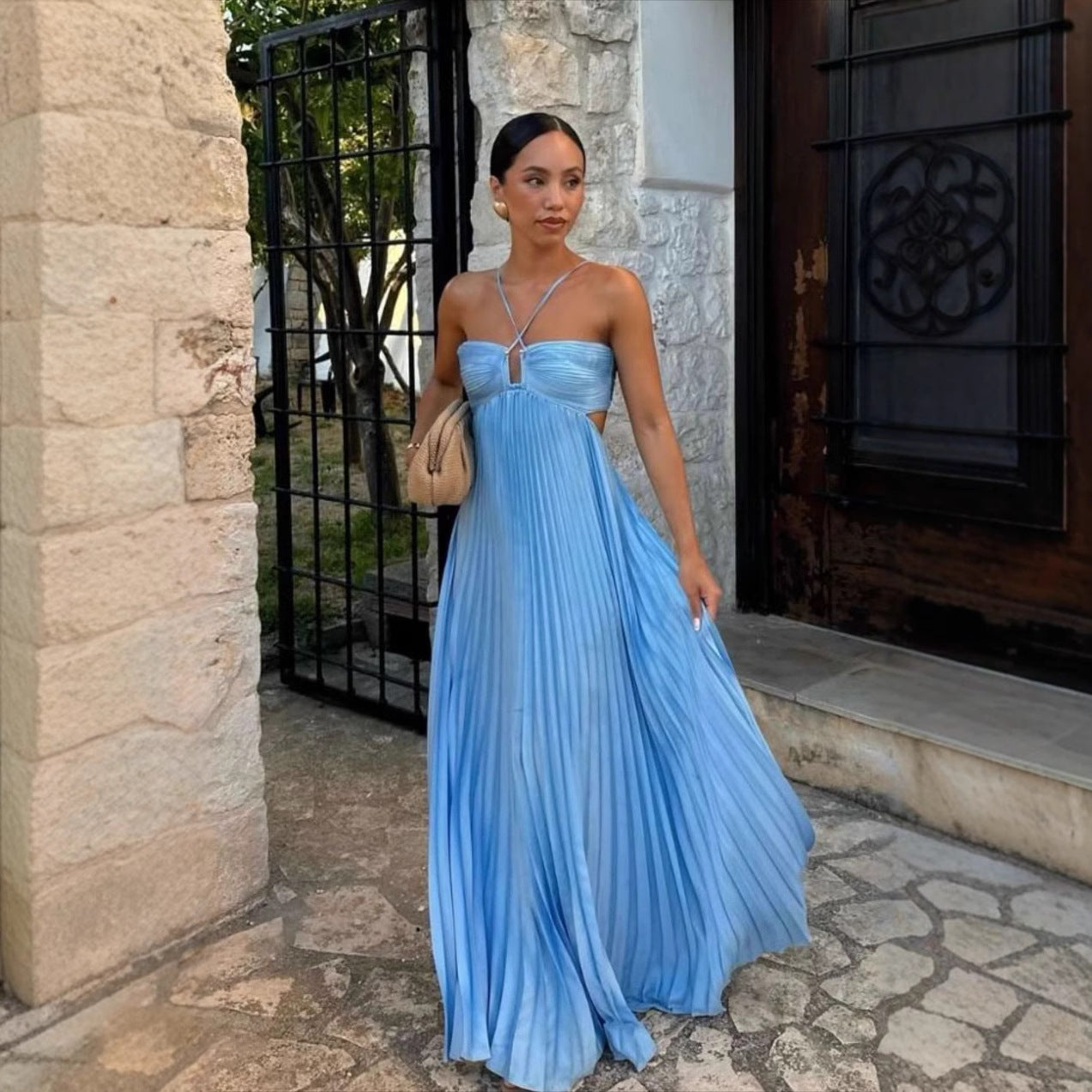 Robe Longue Plissée à Bretelles Croisées