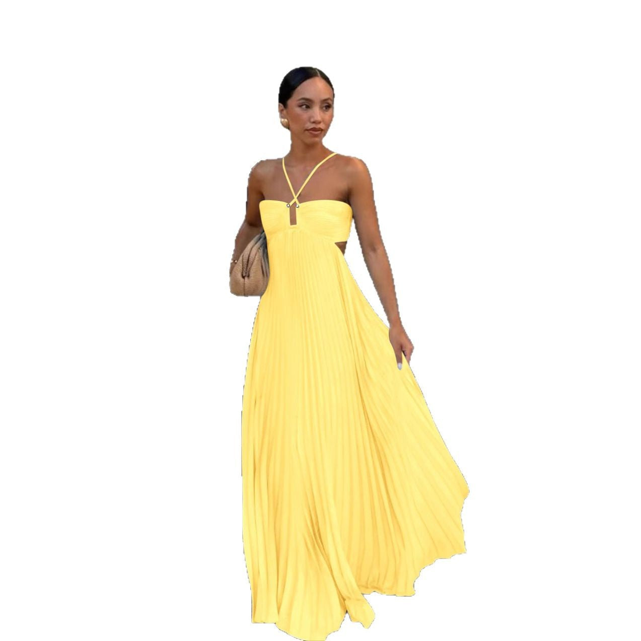 Robe Longue Plissée à Bretelles Croisées