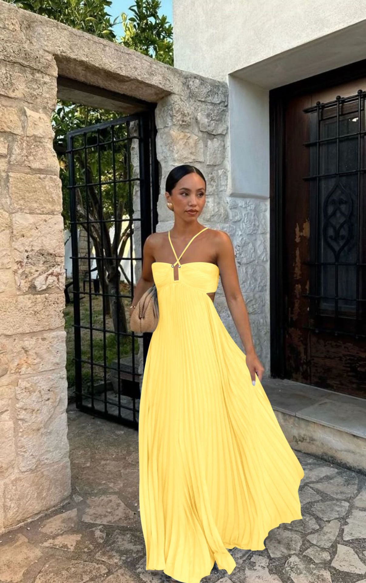 Robe Longue Plissée à Bretelles Croisées