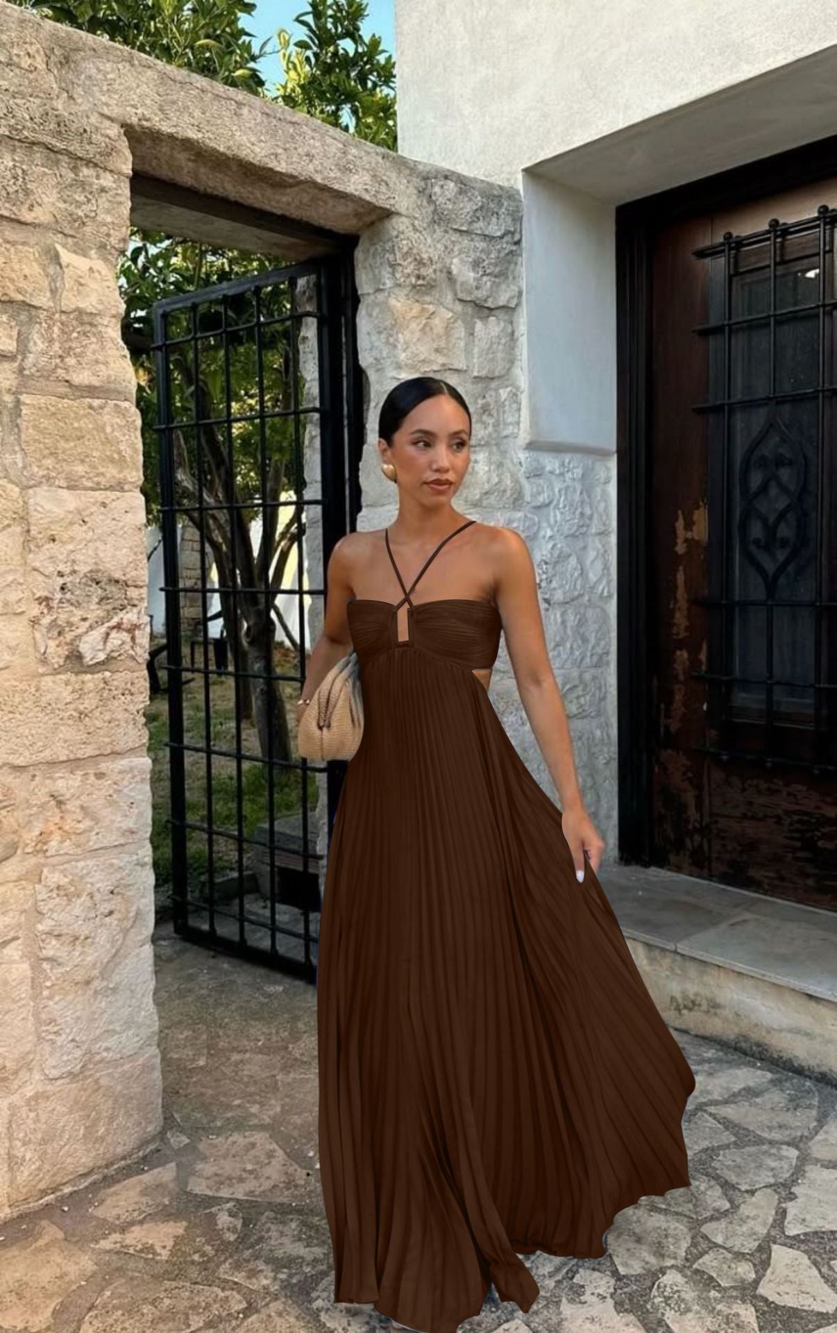 Robe Longue Plissée à Bretelles Croisées