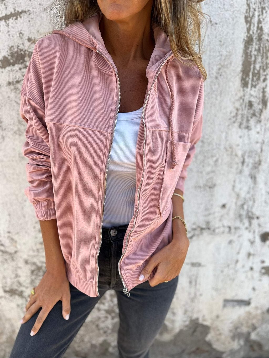 Veste Femme Décontractée en Velours Côtelé avec Capuche et Poches