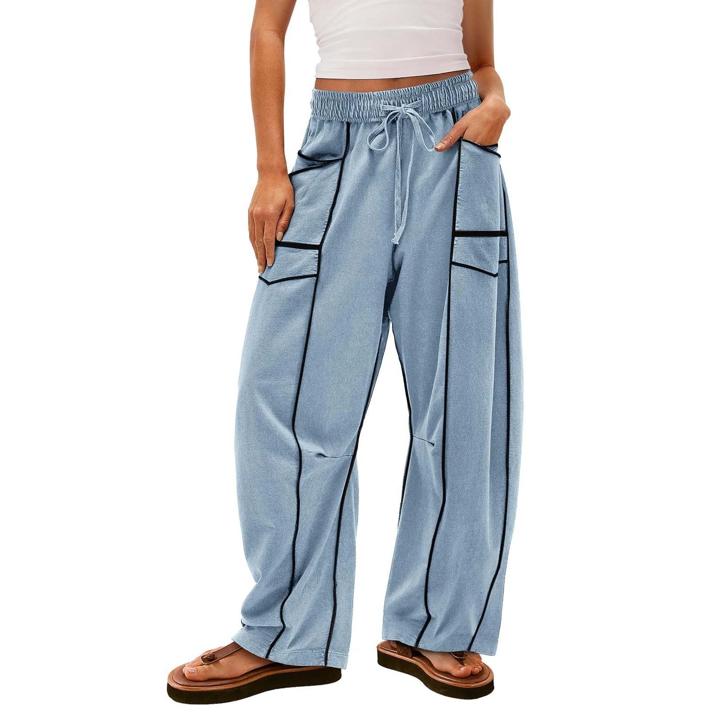 Pantalon Cargo Large à Poches Contraste