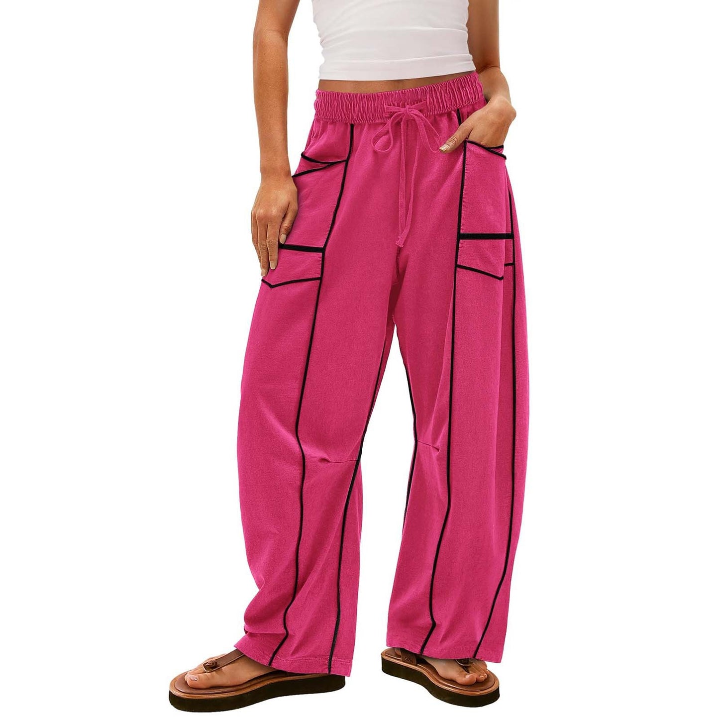 Pantalon Cargo Large à Poches Contraste