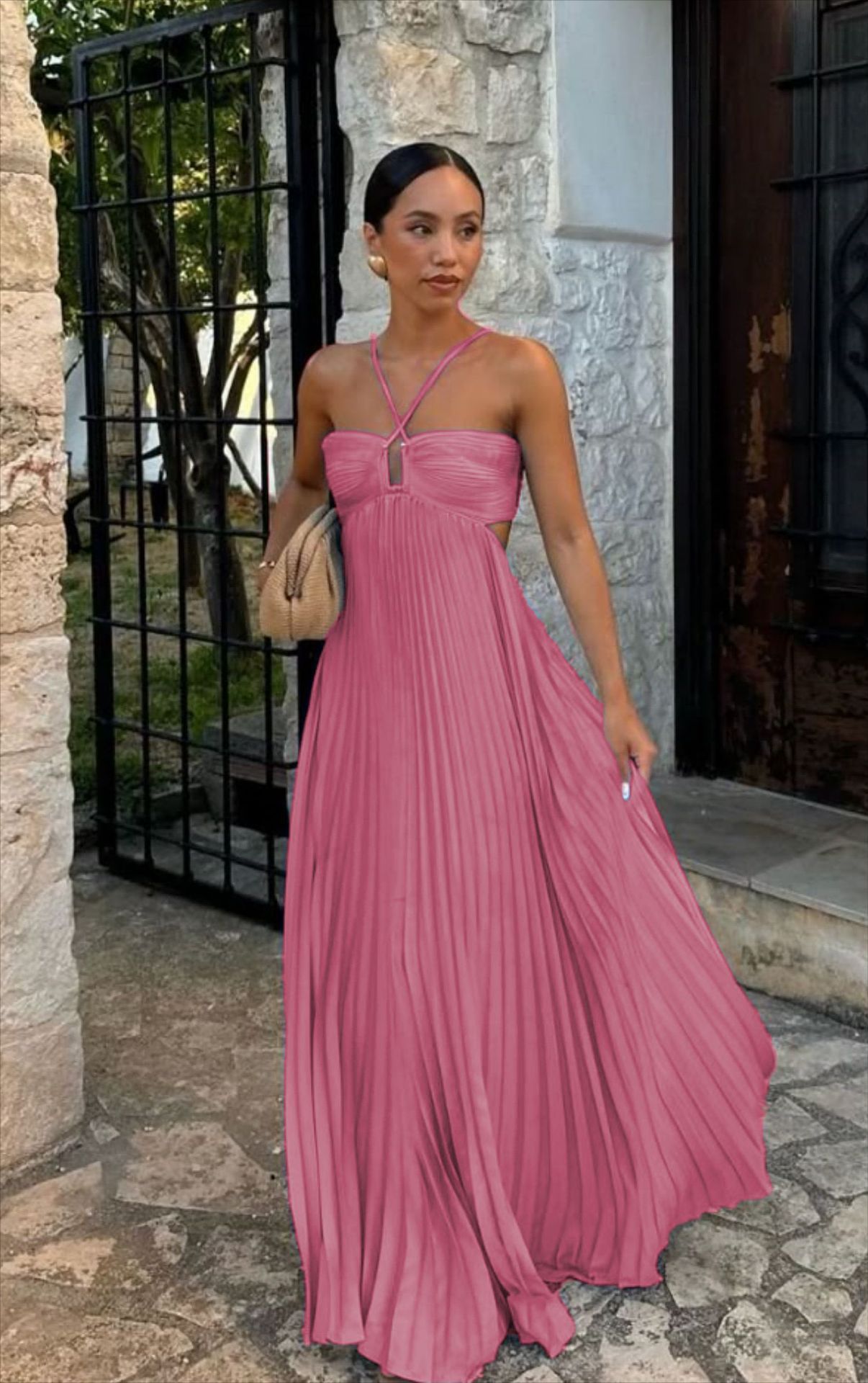 Robe Longue Plissée à Bretelles Croisées