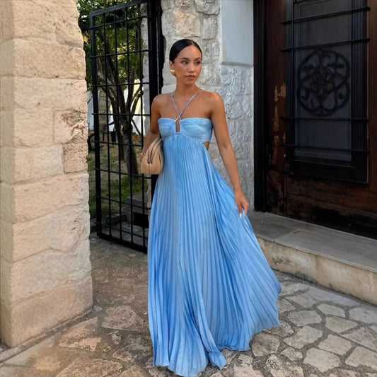 Robe Longue Plissée à Bretelles Croisées