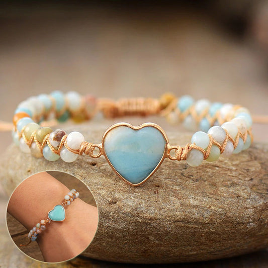 Bracelet Cœur en Perles Naturelles – Tressage Artisanal